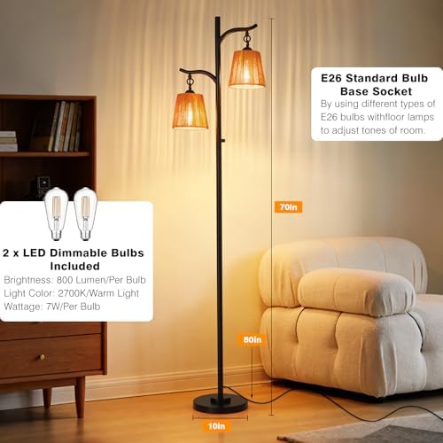9MMML Rattan Floor Lamp for Living Room, Boho Floor Lamp with 2 Hanging Wicker Lamp Shade, 67'' Farmhouse Dimmable Black Standing Lamp with Rotary Switch for Bedroom, 2 x 800LM LED Bulbs Included