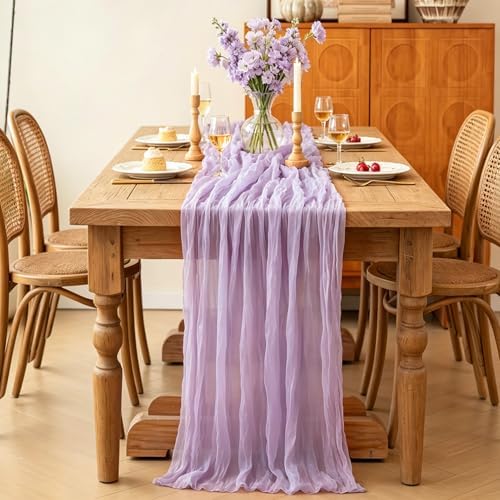 3Pcs Lilac Table Runner, 10FT Rustic Gauze Lavender Table Runner 35*120inch Boho Table Runners for Wedding Bridal Shower Baby Shower Table Centerpiece Decorations