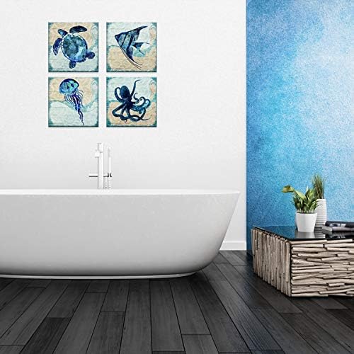 Boho Beach Bathroom Decor Navy Blue Fish Sea Turtle Jellyfish Octopus Canvas Wall Art Ocean Picture Nursery Kids Under the Sea Animal Painting for Living Room Bedroom Office Home Decorations 12x12" 4P