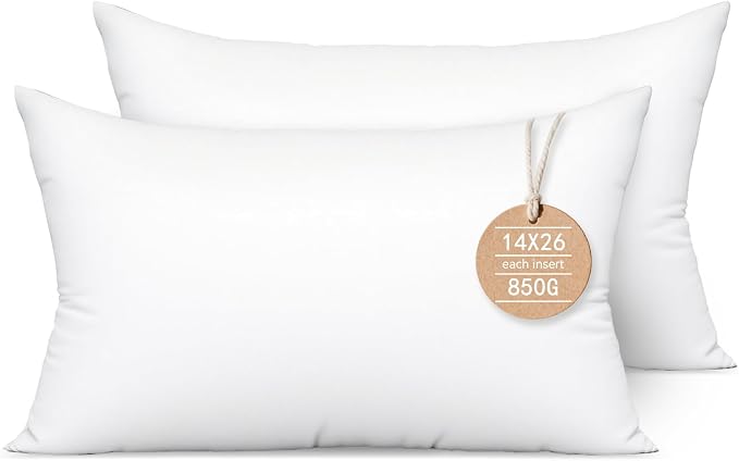 14x26 Rectangular Pillow Inserts 2-Pack for Sofa, Polyester Fill | 100% virgin fiber; Generously filled; Soft and fluffy; Low allergen; Machine washable; For bed