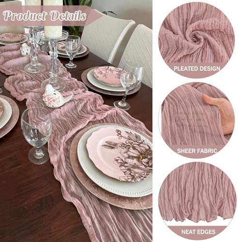 Dusty Pink 10FT Cheesecloth Table Runner Boho Gauze Fabric Table Runner Rustic Sheer Runner for Wedding Birthday Baby Shower Party Boho Table Decoration