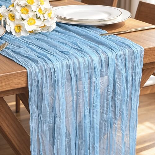 Light Blue Cheesecloth Table Runner 10FT Rustic Sheer Gauze Table Runners 120 Inch Boho Cheese Cloth Table Decorations for Wedding Bridal Summer Home Decor