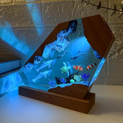 Handmade Dolphin Ocean Resin Lamp with Wooden Base