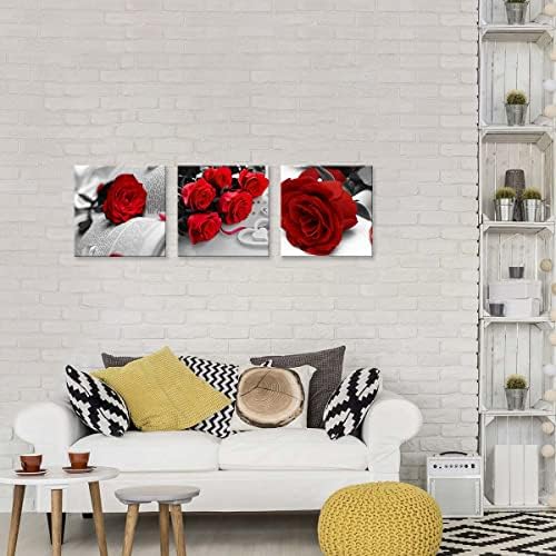 NAN Wind Canvas Print 3 Pcs Black and White Red Rose Canvas Art Painting Abstract Wall Art Decorations Flower Picture on Canvas for Home Decor Stretched and Framed (20X20inchX3pcs, Rose Book)