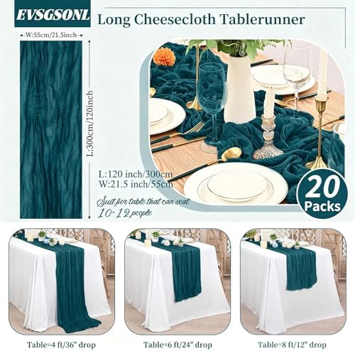 20 Pack Teal Cheesecloth Table Runner Long,21.5 x 120 Inch