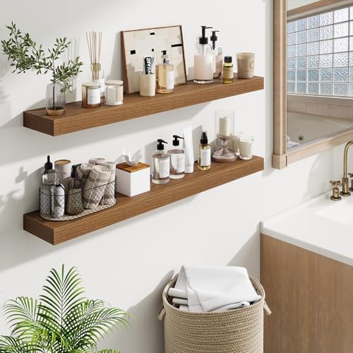 Fun Memories 40 Inch Floating Shelves, Long Wood Wall Shelf Set of 2 with Invisible Brackets, for Bathroom, Living Room, Bedroom, Kitchen, Walnut