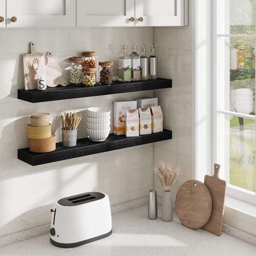Fun Memories Floating Shelves for Room Wall, 36 Inch Long Shelf Set of 2， Hanging Wood Shelves for Storage & Display, Black