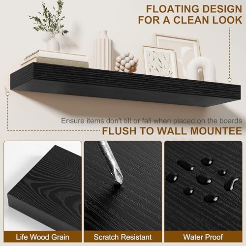 Fun Memories 72Inch Floating Shelves,Wall Mounted Rustic Wood Floating Shelf with Invisible Brackets for Storage & Decor,2 Pack Shelves for Bathroom,Bedroom and Kitchen,Black