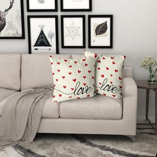 Giwawa Valentines Day Pillow Covers Set of 2 White Love Hearts Throw Pillowcases Romantic Double Sided Decorative Cotton Square Cushion Covers 20x20inch for Sofa Couch Bedding Wedding Anniversary