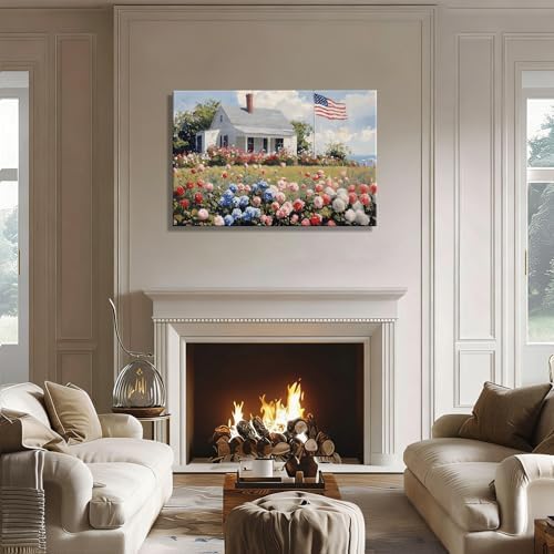 RIBNTAK Patriotic American Flag & Floral Farmhouse Canvas Wall Art, 4th of July Coastal Cottage Pictures, Wildflower Landscape, Independence Day Wall Decor for Living Room, Kitchen, Made USA