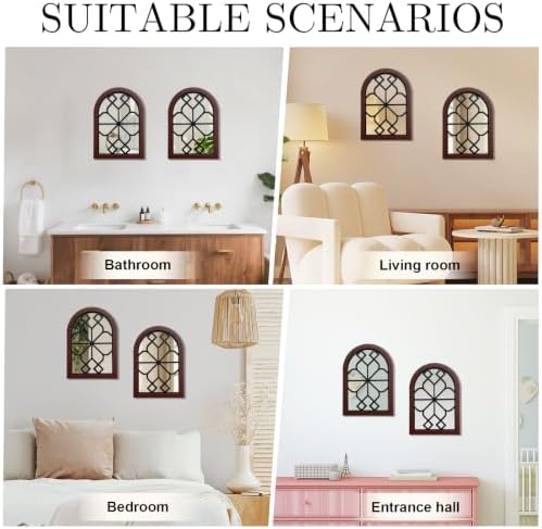 Set of 2 Arched Window Wall Mirror, Rustic Farmhouse Accent Mirror with Wood Frame Decorative Wall Art Mirror for Living Room Bathroom Bedroom Kitchen