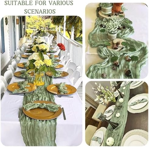 3 Pack 120 Inch Sage Green Cheesecloth Table Runner Boho Rustic Gauze Sheer Romantic 10 FT Long Cheese Cloth Table Runner for Bridal Baby Shower Wedding Party Birthday Holiday Home Easter Decor