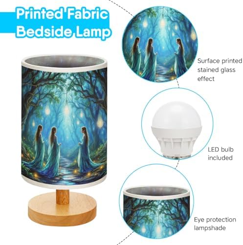 Elves in an Enchanting Table Lamp LED 3-Color Pressed Bedside, Elves in an Enchanting Shade Lamp with Wood Base for Bedroom Living Room Desk Office TL01