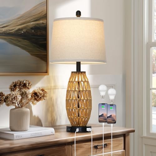 27" Boho Rattan Table Lamp Single, Wicker Bedroom Lamp with Night Light, Woven Coastal Bedside Lamps for Nightstand with USB A+C Charging Port & AC Outlet, Farmhouse Lamps for Living Room