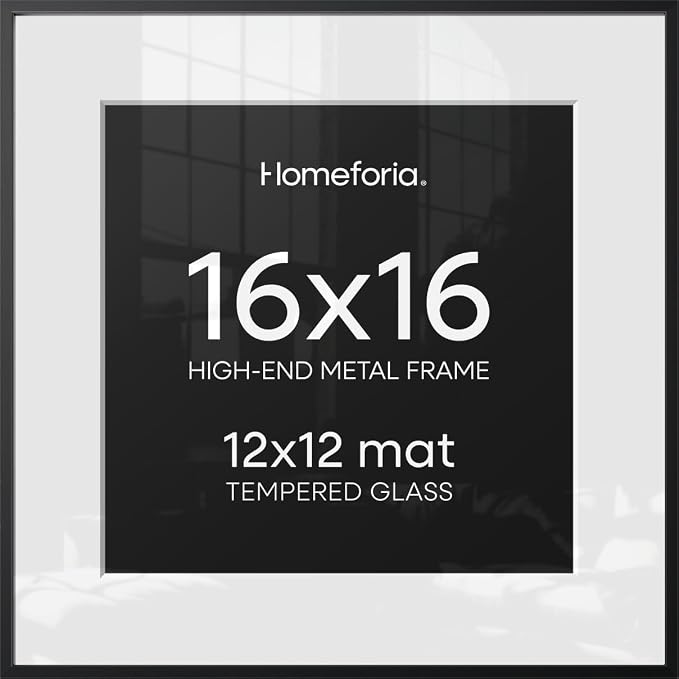 Homeforia 16x16 Black Picture Frame, High-End Metal, 12x12 Mat, Glass