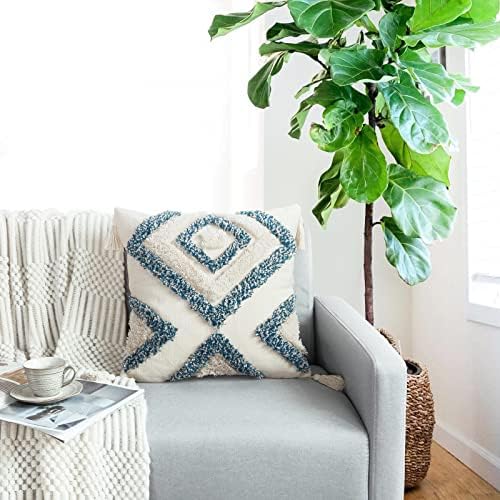 JASEN Blue and Beige Boho Decorative Throw Pillow Cover, Woven Tufted Pillow Cover with Tassels Diamond Pattern Pillow Covers 18x18 for Couch Sofa Bedroom Living Room(No Pillow Insert