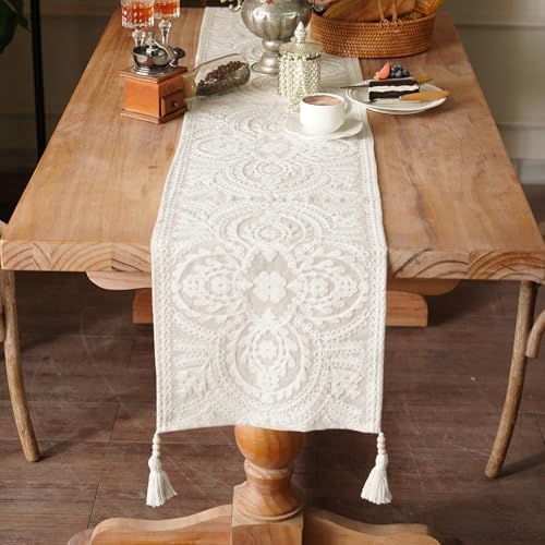 Embroidered Dresser Runner Lace Boho Scarf, Beige 14"x56"