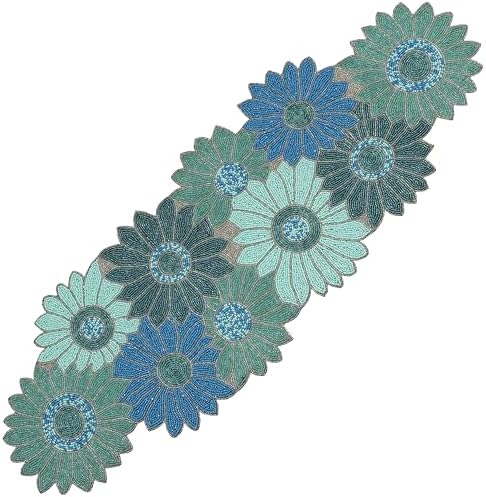 ALPHA Living HOME Bedaed Table Runner- 13x36 Glitz Décor for Farmhouse, Bridal, and Holiday Celebrations Luxury Dining Table Accent, Rustic Chic, Artisan-Made, Modern Floral (Blue)