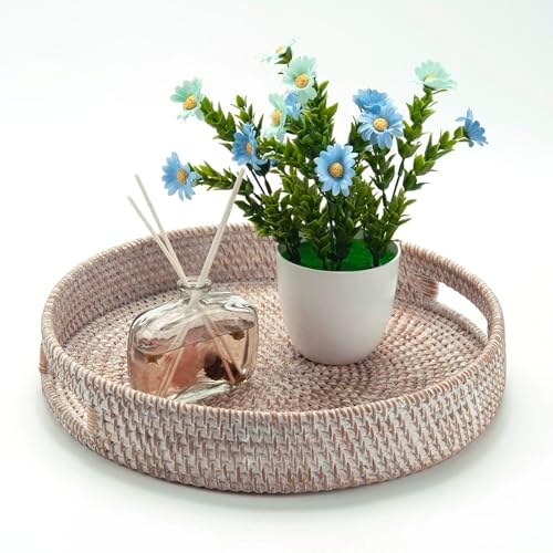 14" Round Rattan Tray, Hand Woven Serving Tray with Handles, Wicker Serving Basket, Decorative Tray for Home Decor, Whitewash