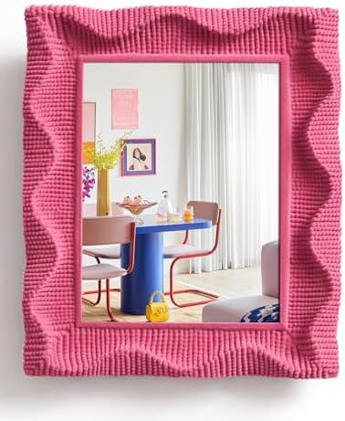 Cute Wall Mirror Decor for Girls Bedroom Dressing Room,Rose Pink | 14x12",Soft Velvet-like Touch,As Photo Backdrop,Funky Framed Vanity Mirrors for Hallway Entryway Home Office,Wavy Design