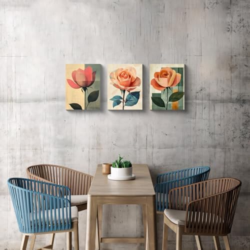 NAN Wind 3Pcs Abstract Rose Wall Art Canvas Print Minimalist Floral Painting Modern Geometric Flower Botanical Artwork Mid Century Style Home Decor Green Teal Beige Decor for Living Room Bedroom