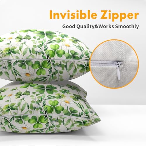 Saint Patrick Day Throw Pillow Covers Lucky Clover Shamrocks Daisy Floral Pillowcase 16x16in Set of 2 Spring St. Patrick's Day Holiday Decorative Cotton-Linen Square Cushion Cases for Home Couch Bed