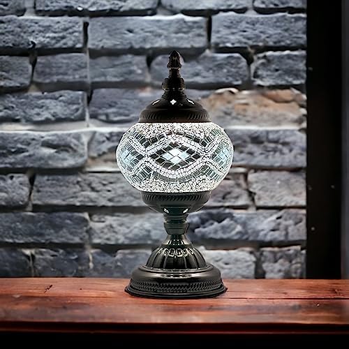 SILVERFEVER Handcrafted Mosaic Turkish Lamp Moroccan Glass Table Desk Bedside Light Bronze Base with E12 Bulb (Circkles)