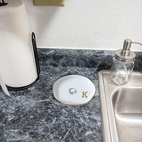 Initials Ring Dish Jewery Tray with personalized K-Monogrammed Gifts Wedding Engagement for Women Friends sister,Ceramic White