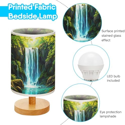 Waterfall in The Green Forest Table Lamp LED 3-Color Pressed Bedside, Waterfall in The Green Forest Shade Lamp with Wood Base for Bedroom Living Room Desk Office TL01