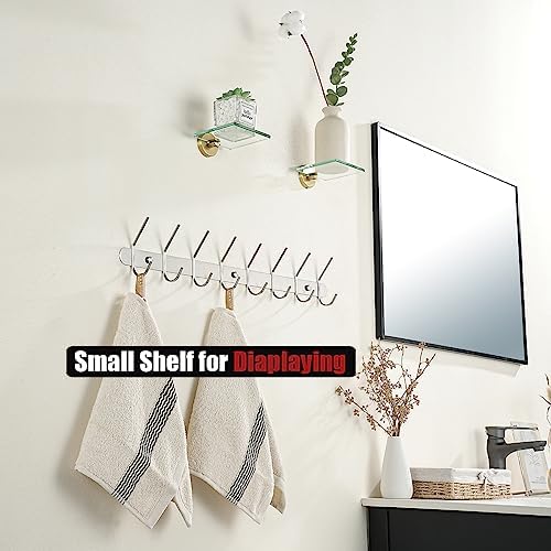 JQK Small Floating Glass Shelves Gold, 4 Inch Display Ledges for Wall, Mini Decor, Living Room Bedroom Bathroom, Tempered Glass Shower Storage, 2 Pack, TGS101L4-BG-P2