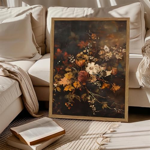 Framed Vintage Floral Wall Art，Gothic Moody Dark Flower Art Prints Painting，Victorian Canvas Fall Otanical Pictures Decor for Living Room Bedroom Diningroom 16x24 inch