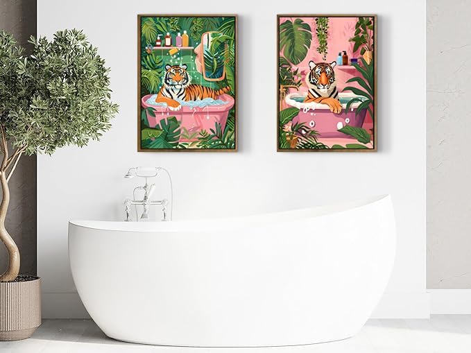 2 Pack Whimsical Tiger In Bathtub Wall Art Funny Bathroom Wall Art 16"x24" | Jungle Bathroom Decor, Funny Animal Wall Art, Bathroom Wall Art, Wall Art Set of 2, Tiger Wall Art, Ready to Hang