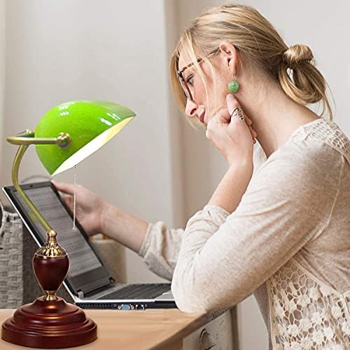 Table lamp Emerald Green Glass Reading Light Wooden Base 1920's Classic Banker lamp Green Pull Switch LED Desk lamp Adjustable 360 Degree lampshade OfficeBedroomStudy E27 (Model-A)