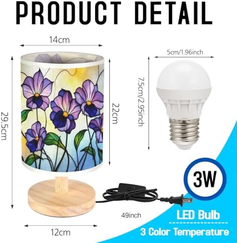 Violet Table Lamp LED 3-Color Pressed Bedside, Violet Shade Lamp with Wood Base for Bedroom Living Room Desk Office TL01