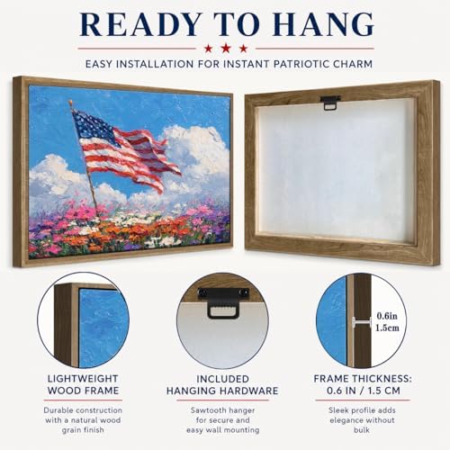 American Flag Framed Canvas Wall Art, 4th of July Patriotic Canvas Prints | Wildflower Landscape Poster Print, Vintage Rustic Independence Day Wall Decor for Bedroom Living Room Office 16×20in