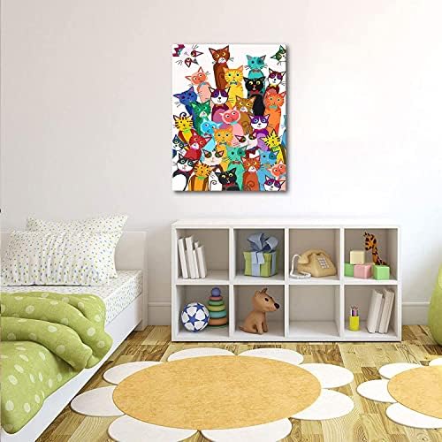 Funny Colorful Cat Bathroom Wall Art, Cute Cartoon Kitty Canvas Print | Framed Cat Poster Palyful Animal Picture Wall Decor for Bathroom Kids Bedroom Nursery Playroom 12x16 Inches