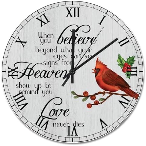 Cardinal Red Birds Wall Clock Love Never Dies 15 Inch Round Wall Clocks Battery Operated Silent Christmas Wall Decor Home Decor for Living Room Kitchen Bedroom Office