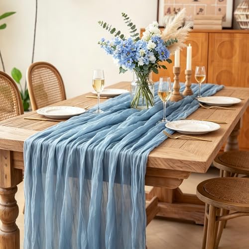 Dust Blue Cheesecloth Table Runner, 10FT Rustic Blue Boho Gauze Table Runner for Wedding Bridal Shower Baby Shower Birthday Tea Party Decorations