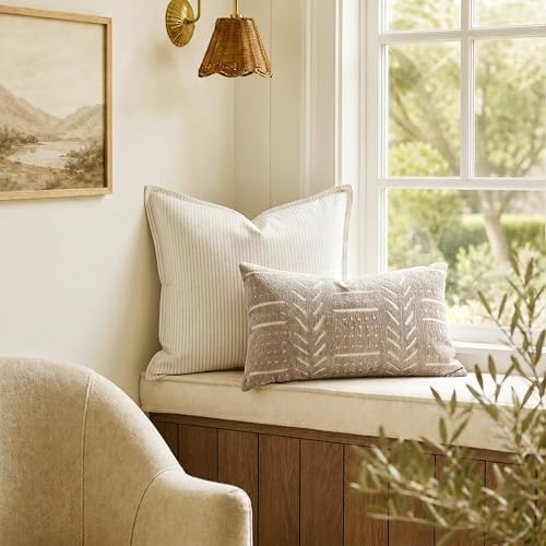 BlissBlush Decorative Lumbar Pillow Covers 12x20 Set of 2, Taupe Soft Woven Chenille Accent Pillow Covers for Couch Sofa Bed, Textured Farmhouse Cushion Covers