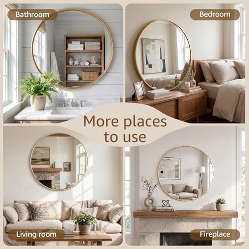 DUMOS 20 Inch Round Wall Mirror, Bathroom Mirrors for Over Sink | Matte Metal Framed Circle Mirror, Wall Decor for Bedroom, Entryway, Anti-Rust, Tempered Glass, Hanging or Leaning, Gold