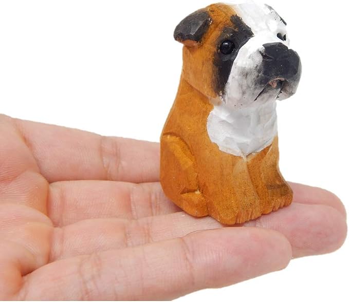 Selsela English Bulldog Wooden Figurine – Hand-Carved Miniature Puppy Dog Statue, Small Pet Canine Sculpture, Handmade Home Decor & Collectible Gift