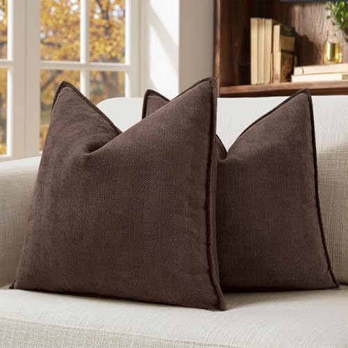 MIULEE Pack of 2 Reddish Brown Euro Shams Chenille Pillow Covers 22x22 Inch