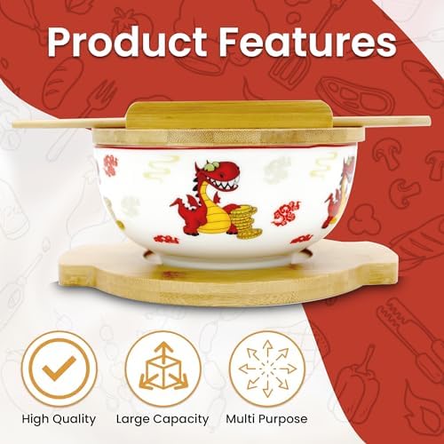 XWORLD Japanese Ceramic Ramen Noodle Bowls Set with Ceramic Spoon, Bamboo Chopsticks, Lid & Trivet, Serving Capacity of 20 OZ, Microwavable Oven Safety (2.75” x 5.75” D) (Dragon and money)