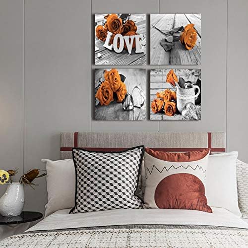 Black and White Bedroom Wall Decor Orange Rose Canvas Prints Art Aesthetic Flower Painting Picture 4 Pcs Sets Accessories Gray Wood Grain Mordern Valentines Office Bathroom Artwork Girls Gift 8 x 8"