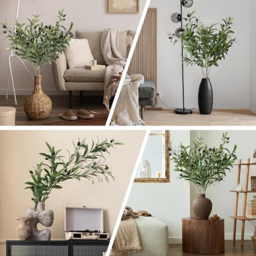 Leftover 4 Pcs 33.4'' Faux Tall Olive Branches for Vase Realistic,Tall Faux Greenery for Vase,Fake Plants,Eucalyptus Stems,Faux Stems for Centerpieces Decoration,Home Decor,Coffee Table Decor