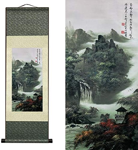 AtfArt Asian Wall Decor - Beautiful Silk Scroll Painting of Waterfall River Landscape - Mountain Spring Autumn Color Oriental Decor Chinese Art Wall Scroll Hanging (36.2 x 12 in)
