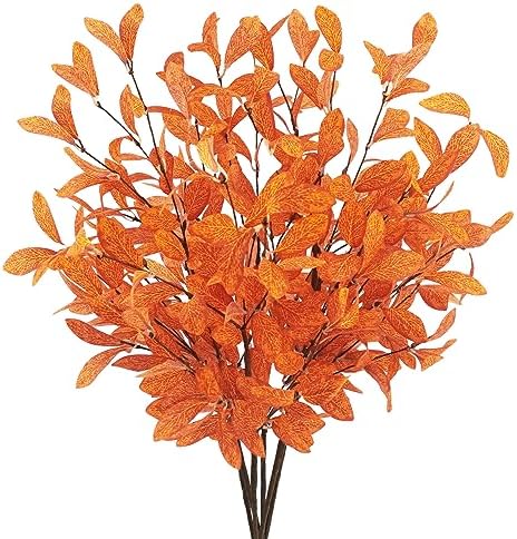 Uieke 6 Pcs Artificial Fall Eucalyptus Stems Fall Eucalyptus Leaves Plants Fall Decorations with Fall Leaves for Autumn Office Home Wedding Centerpiece Fall Florals Arrangement Decor (Orange)