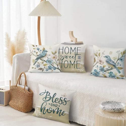 Bonhause Fall Brown Bird Floral Throw Pillow Covers 18 x 18 Inch Flowers Leaves Branch Home Sweet Home Autumn Soft Velvet Decorative Cushion Case for Outdoor Patio Sofa Couch Set of 4