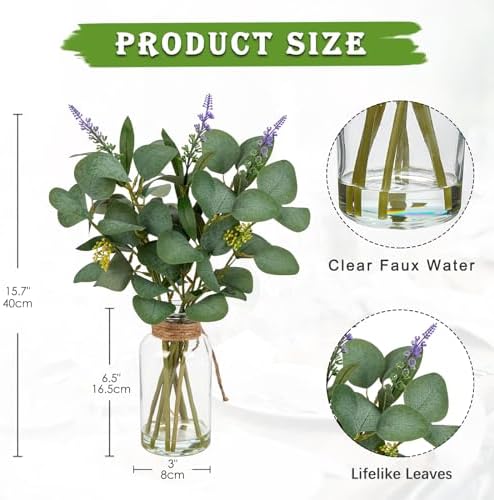 Artificial Eucalyptus Stems Fake Plants in Glass Vase with Faux Water
