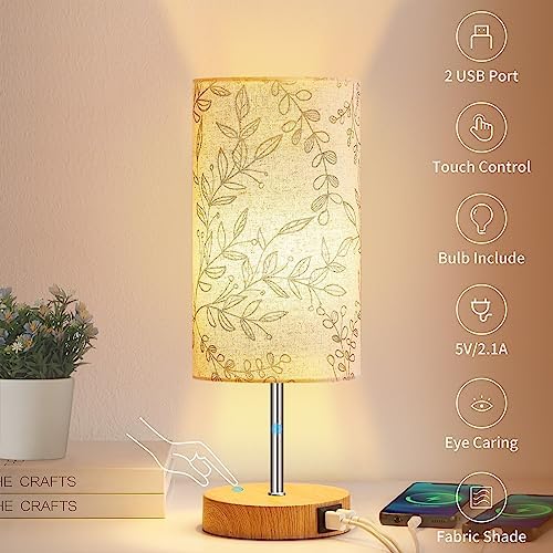 Bedside Touch Lamp, Wood Small Table lamp for Bedroom with 2 USB Charging Ports & Flower Fabric Shade, 3-Way Dimmable Nightstand Lamps for Living Room Office Reading Desk Home Dorm(LED Bulb Included)